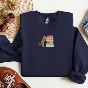 cat books sweatshirt, book embroidered sweatshirt, Embroidered Kitty Reader Crewneck, Cute Book Lover Pullover