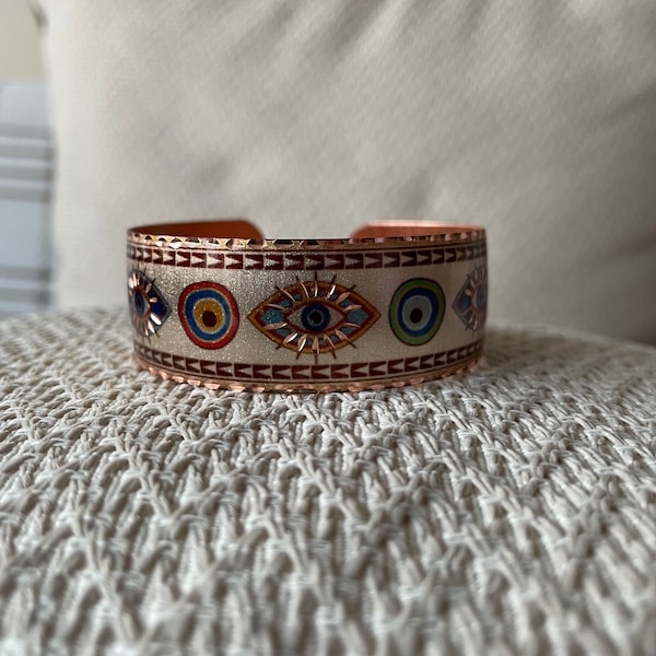Pure Copper Evil Eye Cuff Bracelet, Copper Jewelry With Authentic Turkish Pattern, Bangle Adjustable to Fit Most Wrist Reduce Inflammation