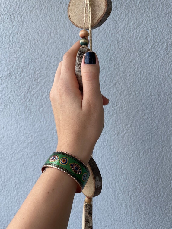 Pure Copper Evil Eye Cuff Bracelet Green Copper Jewelry With