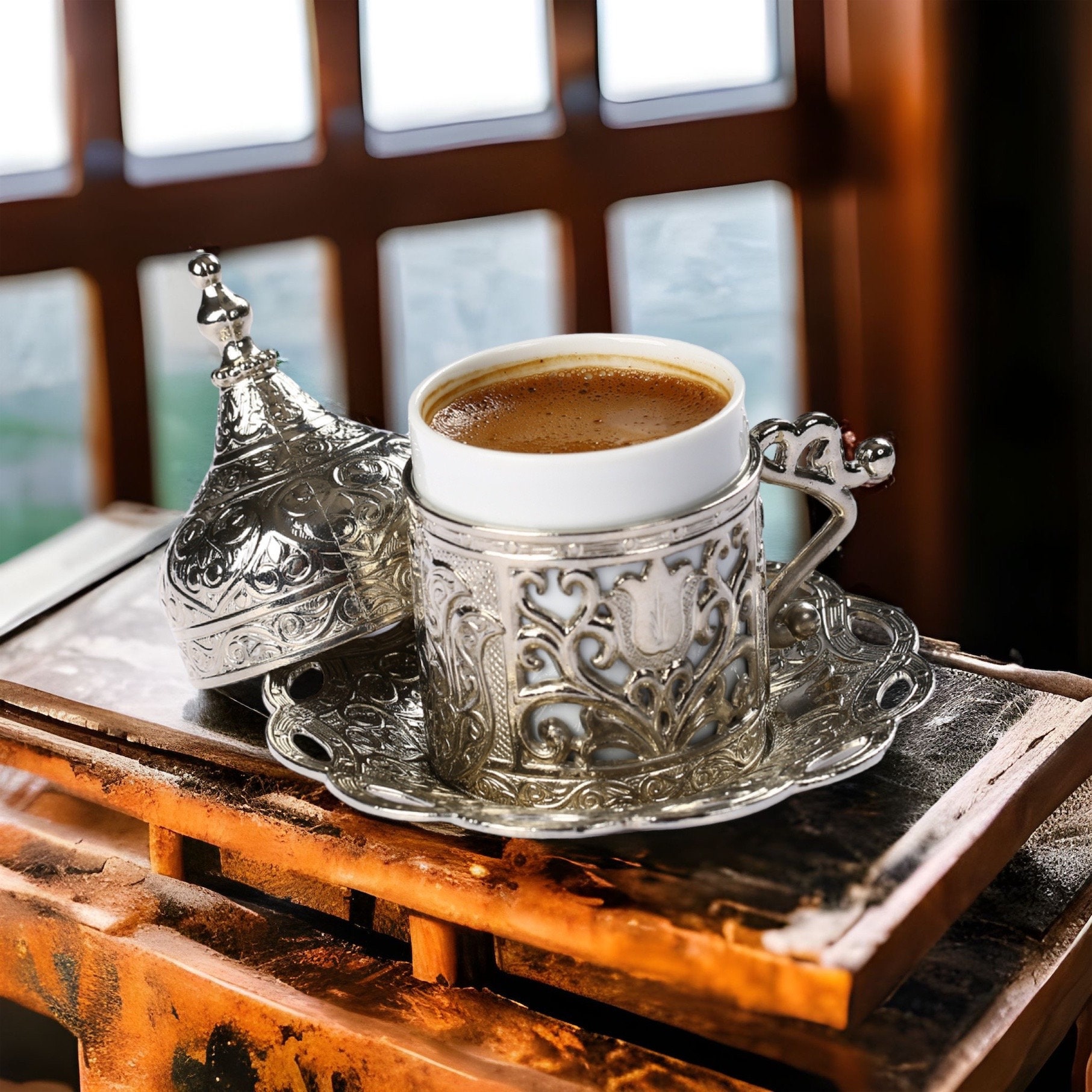 Turkish Ceramic Espresso Cups and Saucers Set with Pot and Turkish Coffee  Gift