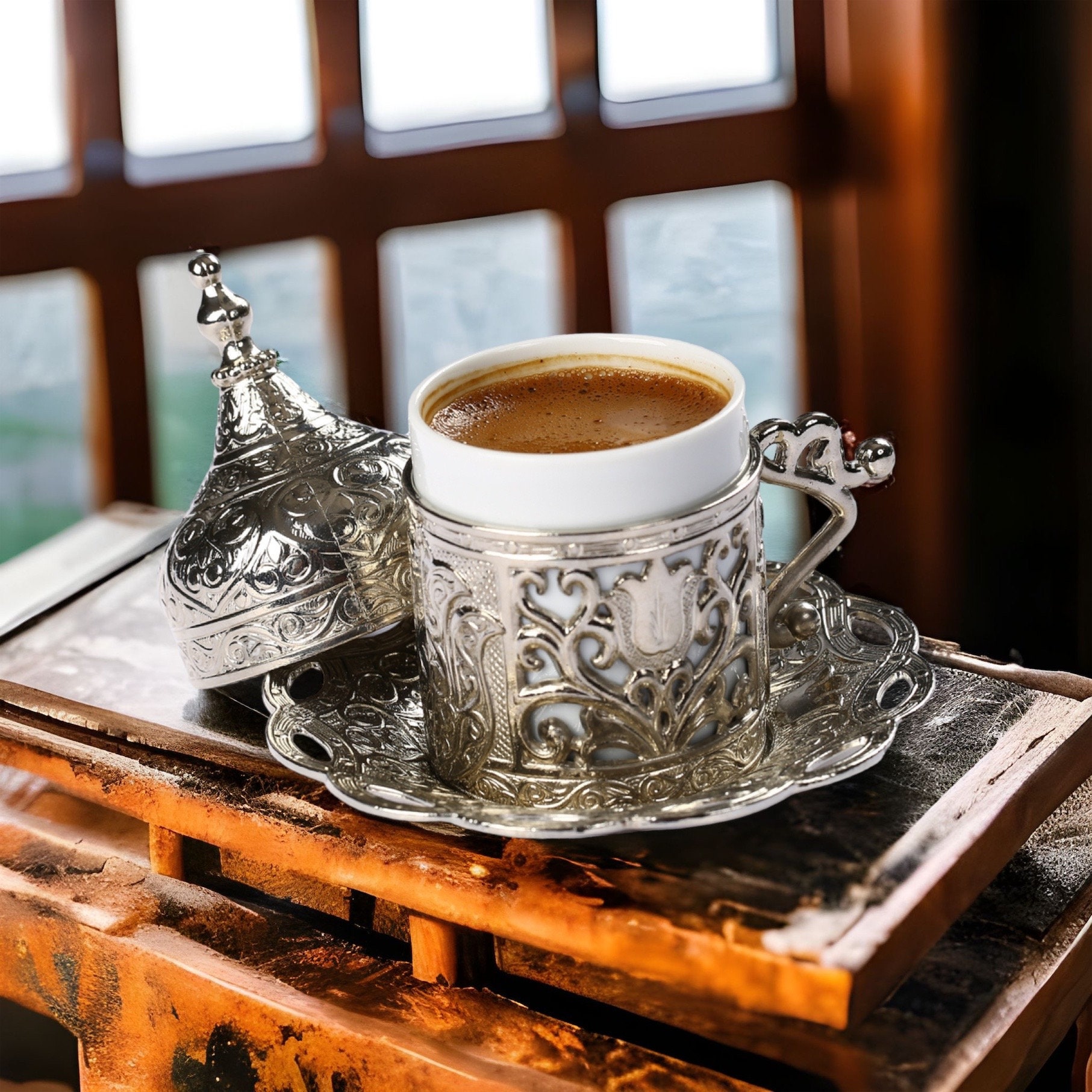 Black & White Turkish Coffee Cups W/Water Glass Set