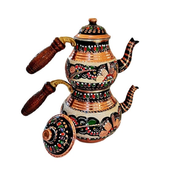 Turkish Copper Tea Pot Tea Maker Handmade Hand Painting Hand Crafted Engraved Hammered Kitchen Decor  Tea Kettle Gift For New Home