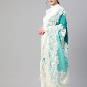 Turquoise Blue Ombre with Lace Fine Wool Shawl