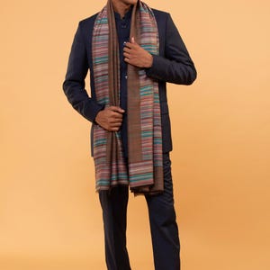 Men&#39;s Elegant Brown Stripe Shawl in Fine Wool Faux Wool Designer Wrap