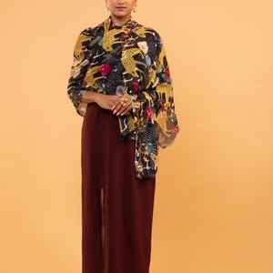 Fine Wool Loom Woven Shawl with Leopard and Wildlife Print design