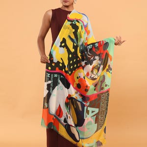Multi-Colour Fine Wool Shawl with Abstract Print Design