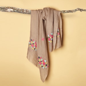 Hand Embroidered Pashmina Shawl: Kashmiri Tan Wool Wrap