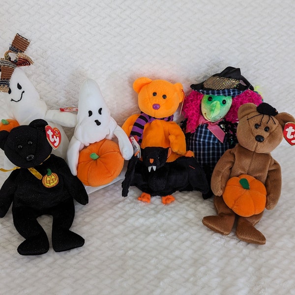 Ty Original Beanie Babies - Halloween - Ghosts, Bears, Witch, Bat  (Mint Condition, With Swing Tags!)