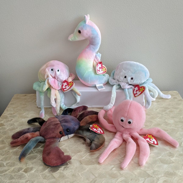 Ty Original Beanie Babies - Ocean Creatures - Goochy, Neon, Claude, Inky  (Mint Condition, With Swing Tags!)