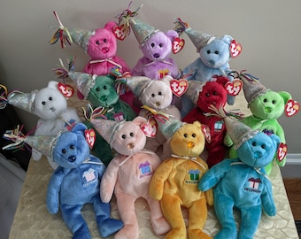 Ty Original Beanie Babies - Birthday Month Bear with Party Hat (Mint Condition, With Swing Tags!)