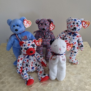 Ty Original Beanie Babies - Patriotic Bears -  America, USA, Red White & Blue, Red, American Blessing (Mint Condition, With Swing Tags!)