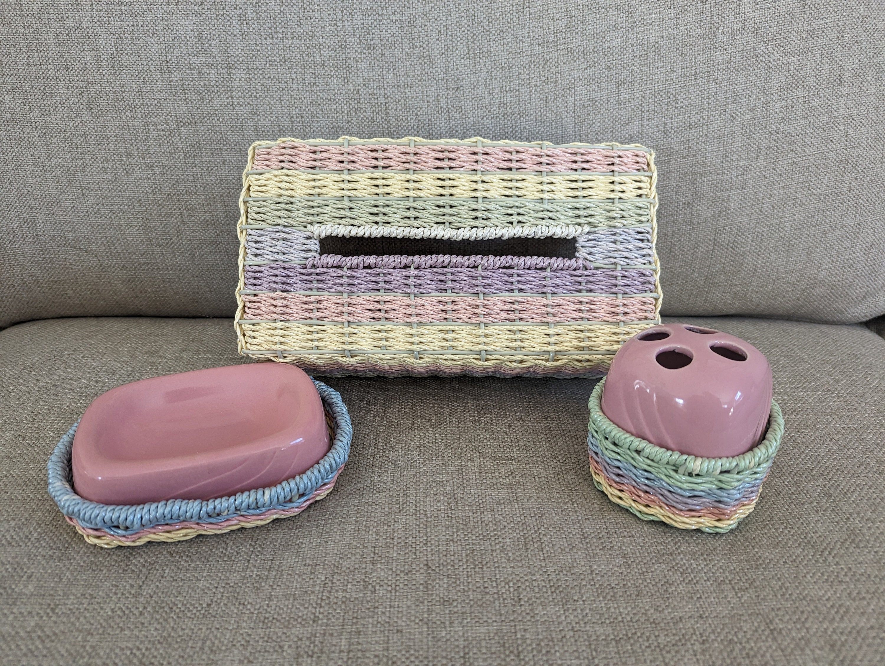 Vintage Pastel Bathroom Vanity Set - Tissue Box Cover, Soap Dish, Toothbrush Holder