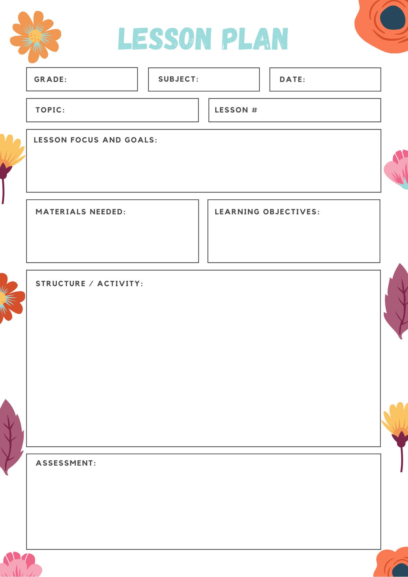 Lesson Plan Template For Teacher High Quality Printable Etsy
