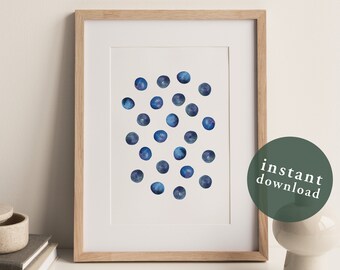 Blueberries Watercolor Art Printable, Fruit Wall Art, Country Farmhouse Decor, Modern Wall Art, Kitchen Art, Digital Print, Nature Wall Art