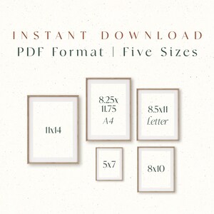 Może przedstawiać: Pięć szablon&oacute;w ramek do zdjęć do wydrukowania w formacie PDF w r&oacute;żnych rozmiarach: 11x14 cali, 8,25x11,75 cala (A4), 8,5x11 cali (list), 5x7 cali i 8x10 cali.