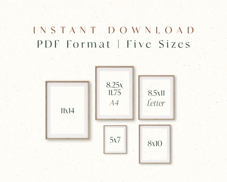 Może przedstawiać: Pięć szablon&oacute;w ramek do zdjęć do wydrukowania w formacie PDF w r&oacute;żnych rozmiarach: 11x14 cali, 8,25x11,75 cala (A4), 8,5x11 cali (list), 5x7 cali i 8x10 cali.