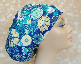Floral Euro Style Adjustable Scrub Cap with Satin Lining Option for Women and Nurses