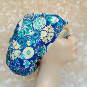 Floral Euro Style Adjustable Scrub Cap with Satin Lining Option for Women and Nurses