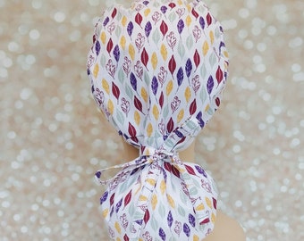 Fall Leaves Ponytail Scrub Cap: Cotton Surgical Hat with Satin Lining