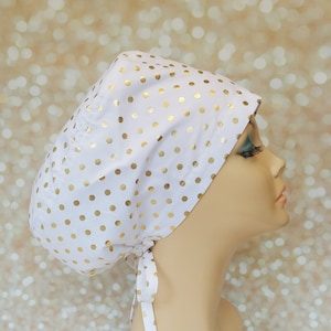 Euro Scrub Cap, Scrub Hat, Nurse Scrub Cap, Surgical Scrub Cap, Scrub Cap for Women, Bouffant Scrub Hat, Surgical Scrub Hat, Gold Polka Dot