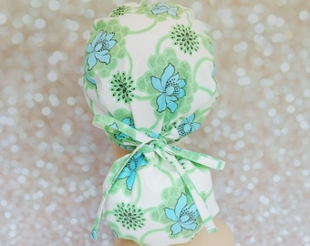 Floral Ponytail Scrub Cap: Surgical Nurse Hat with Buttons