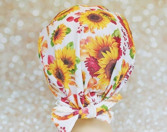 Sunflower Cotton Scrub Cap: Women's Surgical Hat with Buttons