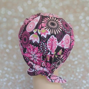 Pink Floral Surgical Scrub cap with buttons, Scrub caps ponytail, Scrub hat for women, Ponytail scrub hats, Surgery cap