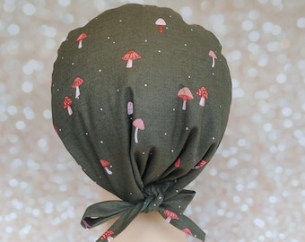 Mushrooms scrub cap, Surgical scrub cap, Scrub hat with buttons, Women's scrub cap