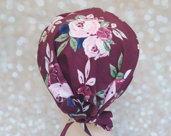 Scrub caps for women with buttons, Floral surgical hat, Burgundy