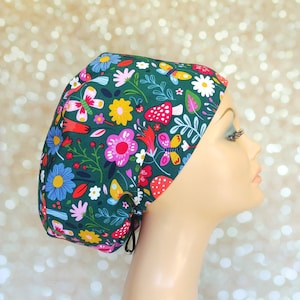 Mushrooms Scrub Caps for Women Euro Style with Satin Lining Option Surgical Cap