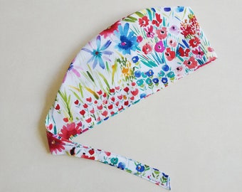 Floral Scrub Cap with Buttons: Cotton Surgical Hat for Women