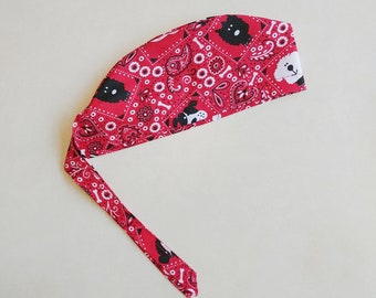 Scrub caps for women, Surgical head cap with buttons, Red bandana dogs