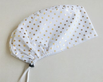Polka Dot Euro Scrub Cap: Metallic Gold, Adjustable, Satin Option
