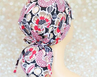 Floral Ponytail Scrub Cap with Buttons: Cotton Surgical Cap
