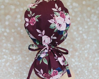 Floral Burgundy Ponytail Scrub Cap: Cotton Surgical Hat
