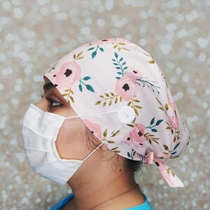 Floral Scrub Cap for Women: Cotton Surgical Hat with Ties (Satin Lining Option)