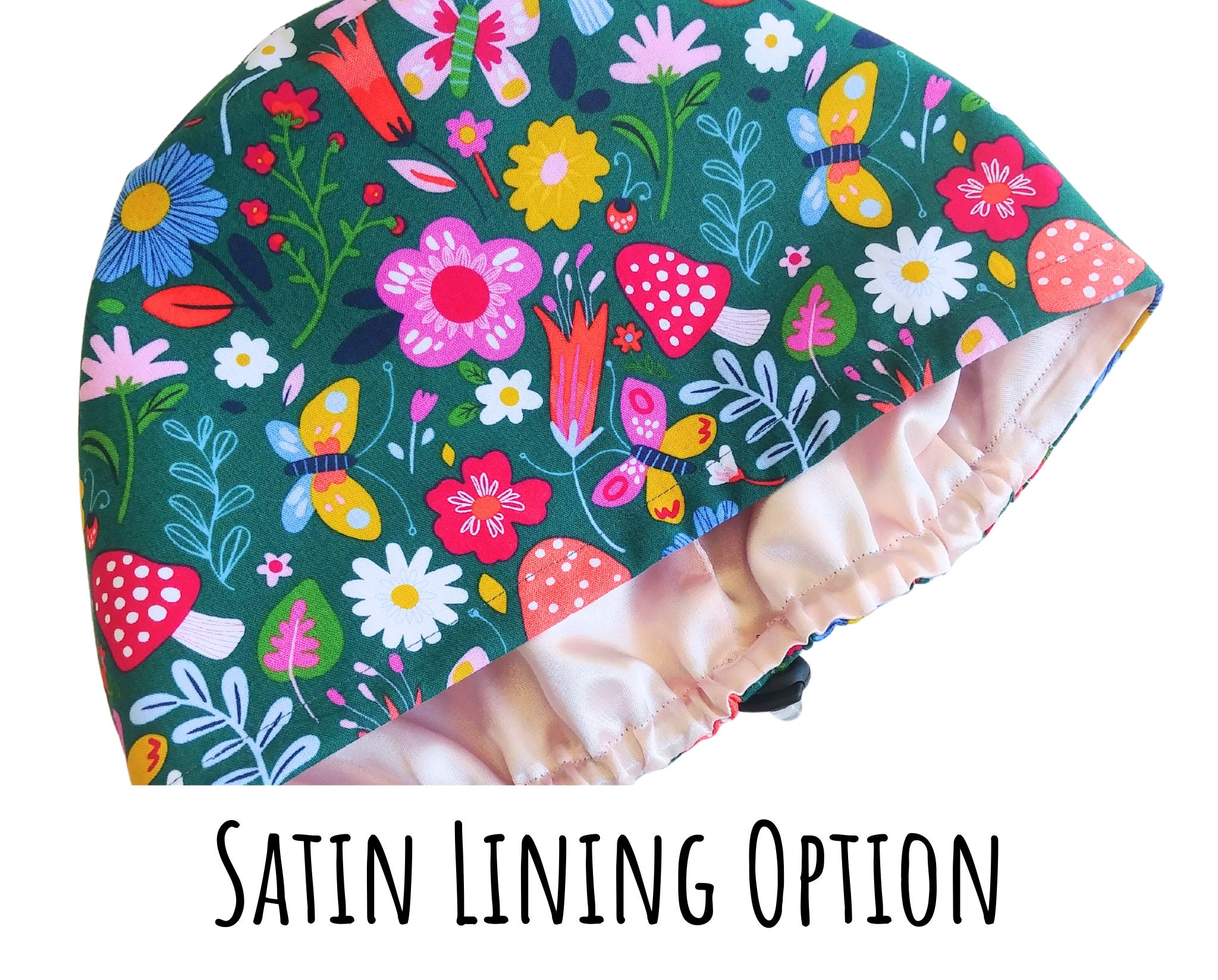 Mushrooms Scrub Caps for Women Euro Style, Satin Lining Option Surgical Cap
