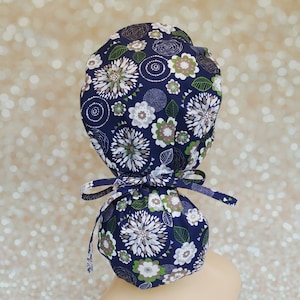 Floral ponytail scrub cap for women with buttons, Surgical Scrub Caps