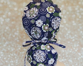 Floral ponytail scrub cap for women with buttons, Surgical Scrub Caps