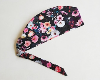 Black floral scrub cap for woman with buttons, Tie back surgical hat