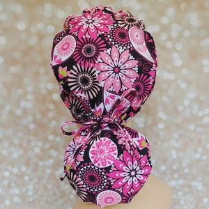 Pink floral ponytail scrub caps, Dentist surgical hat, Veterinarian gift