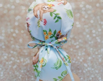 Sloth Ponytail Scrub Cap: Cotton Nurse Hat with Satin Lining