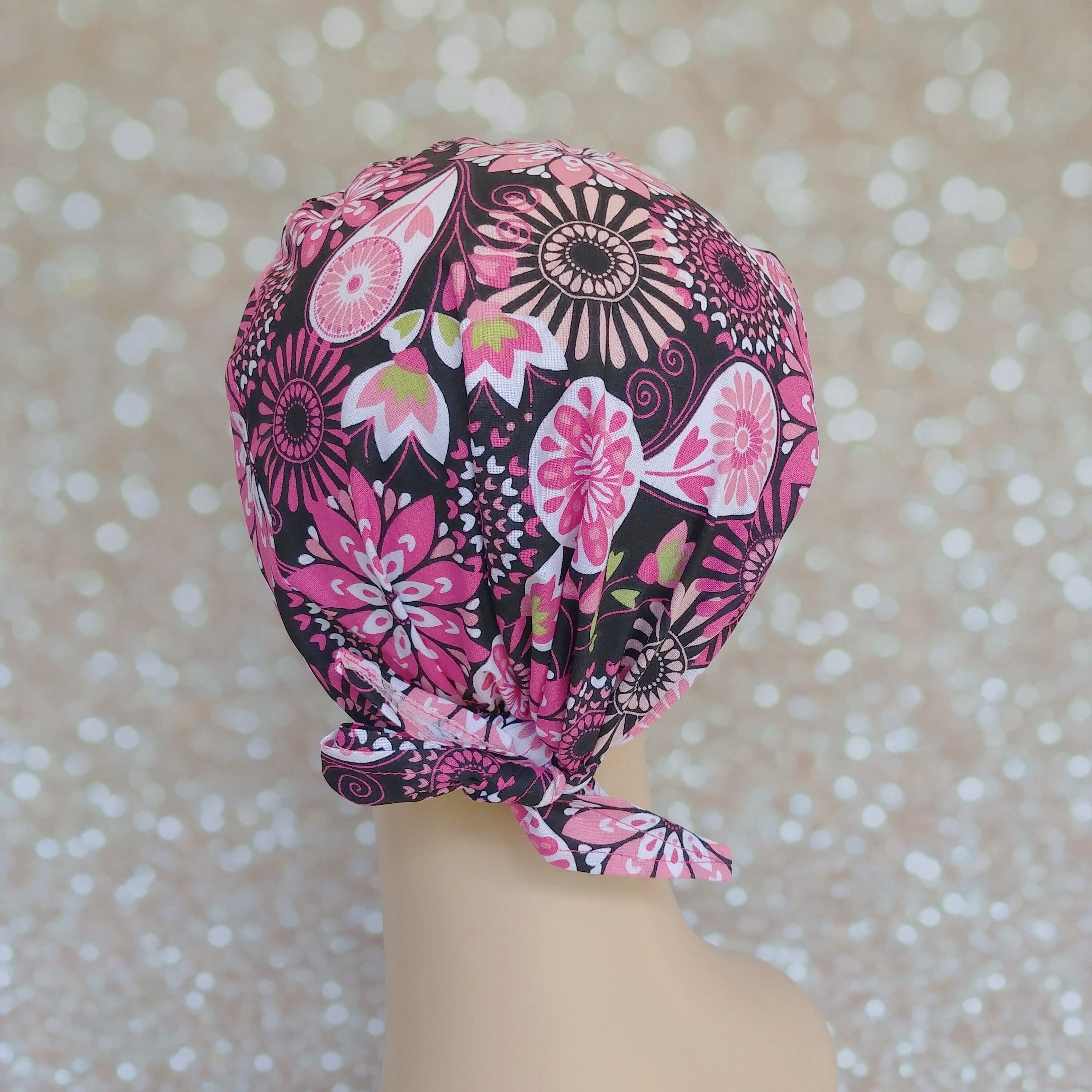 Pink Floral Surgical Scrub cap with buttons, Scrub caps ponytail, Scrub hat for women, Ponytail scrub hats, Surgery cap