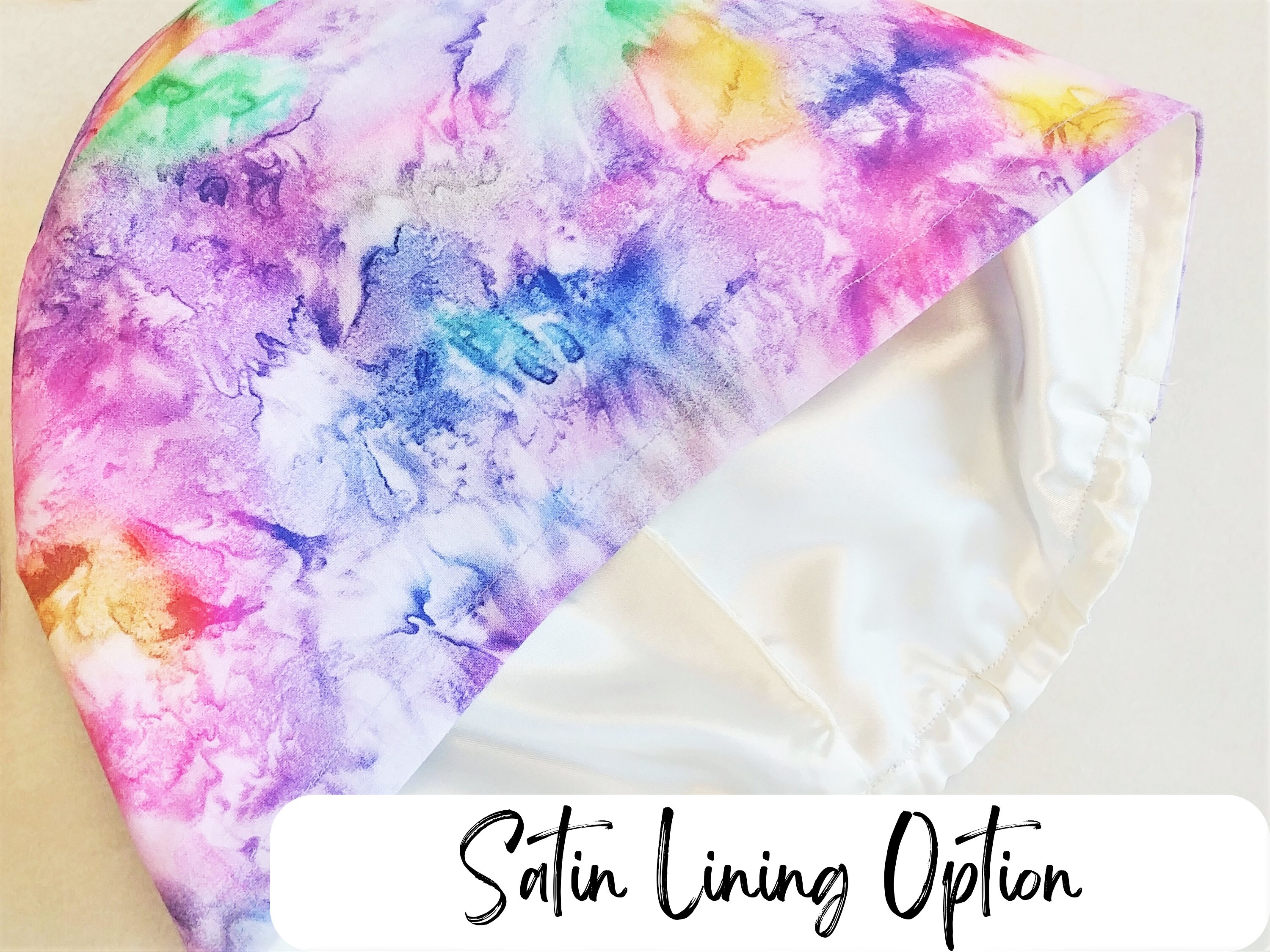Tie Dye Euro Scrub Cap For Woman, Satin Lined Option, Surgical Cap Women, Scrub Caps With Buttons, Adjustable With Toggles