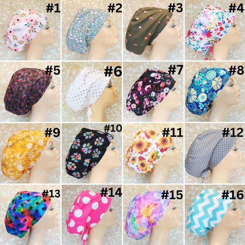 May include: A set of 16 different patterned surgical caps, numbered 1 through 16. The caps are made of a soft, breathable fabric and feature a variety of colors and designs, including floral, geometric, and abstract patterns.