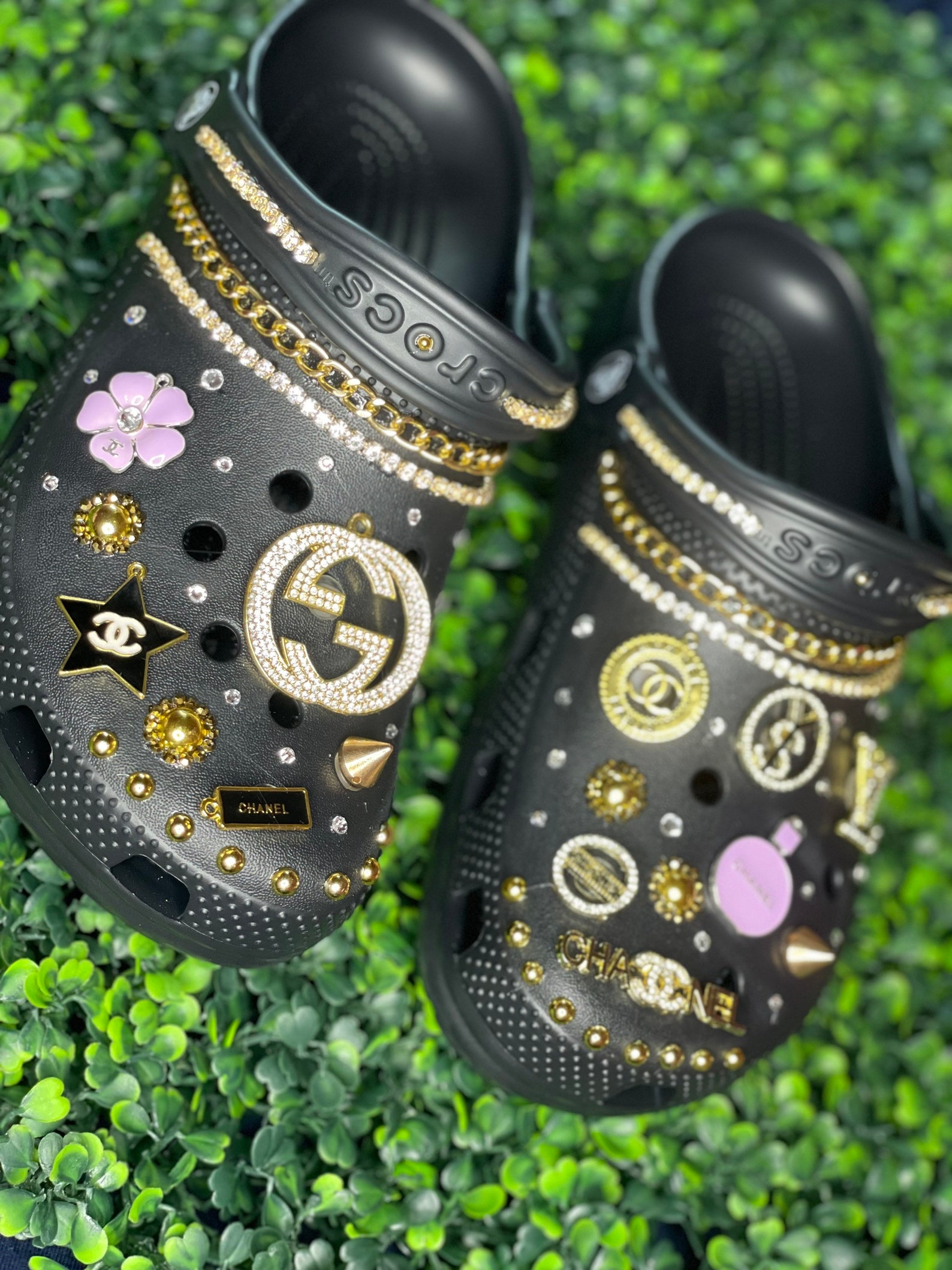 green and purple crocs