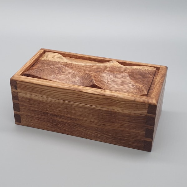 Tiger oak jewelry armoire with carved top, wooden box, watch box, valet box, artisan made box, handmade box, hand carved box, trinket box.