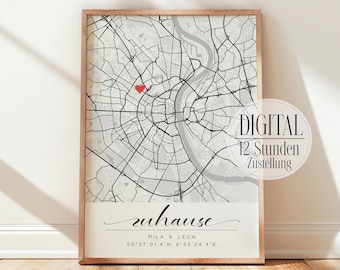 "Home" poster with map & coordinates | Personalized in 12 hours | Gift for housewarming, new home construction or topping-out ceremony | Digital download