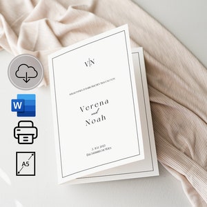 Può includere: Un invito di nozze bianco con testo nero. La carta presenta le iniziali "V/N" e i nomi "Verena e Noah" con la data "3 luglio 2021" e la località "Erzherzog-Rainer-Wien".
