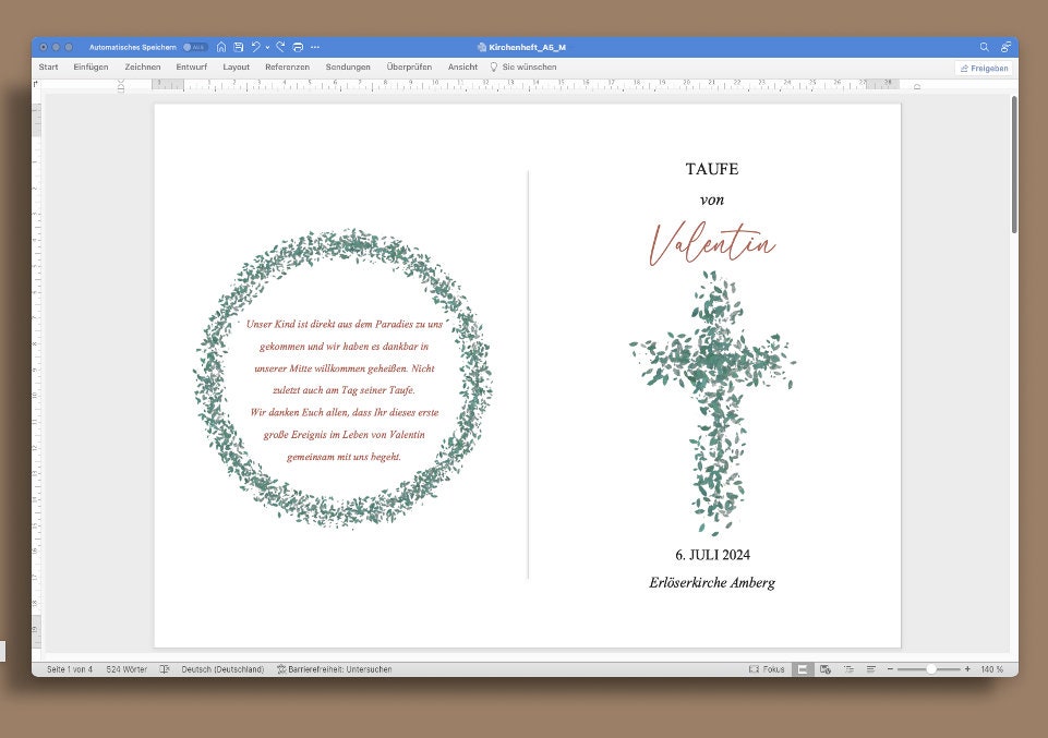 Kirchenheft Vorlage Trauung Und Taufe DIGITAL Kirchenheft Taufe 8 Seiten frei editierbar MS - Etsy.de